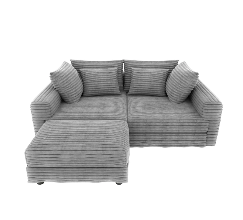 Soft Corduroy Cloud 4-Seat Sofa with Movable Ottoman, Practical Convertible Lounge Chair for Living Room, 102.5'' L x 35.5"W x 25.5" H, Grey