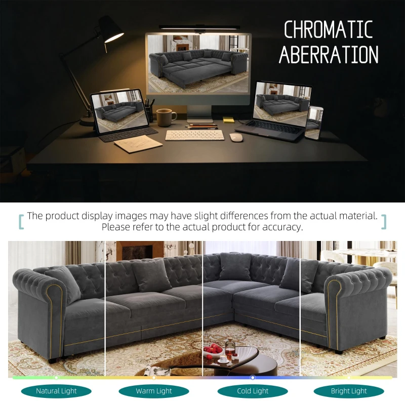 Elegant L-Shaped Sectional with Pull-Out Bed, Soft Velvet Sleeper Sofa with Tufting and Gold Trim, 115.5'' L x 87.5" W x 29" H, Dark Gray