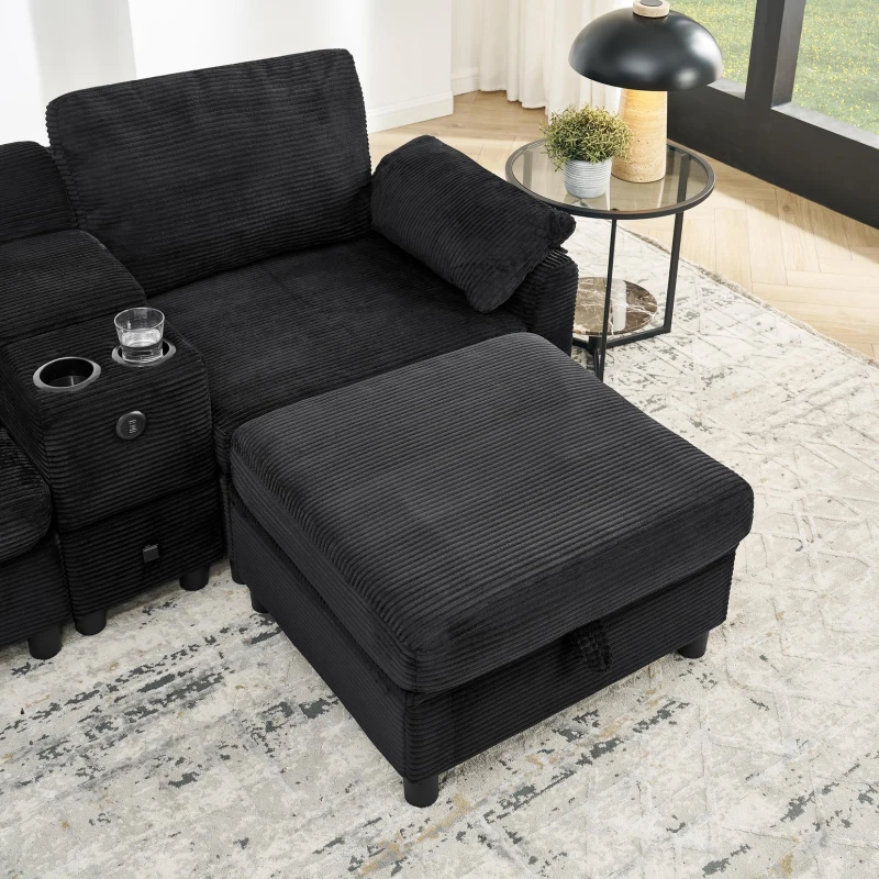 Modern Modular Sectional with All-in-One Storage, Chic L-Shaped Sofa with Cup Holder and Liftable Ottoman, 108.5'' L x 56.5" W x 32" H, Black