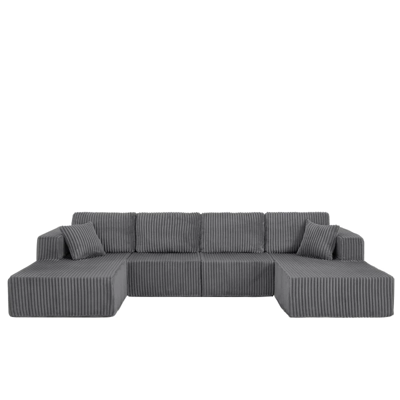 Cozy U-Shaped Modular Sectional with Foam and Springs, Chic Corduroy Sleeper Couch with No Assembly, 161'' L x 80.5" W x 24.5" H, Dark Gray