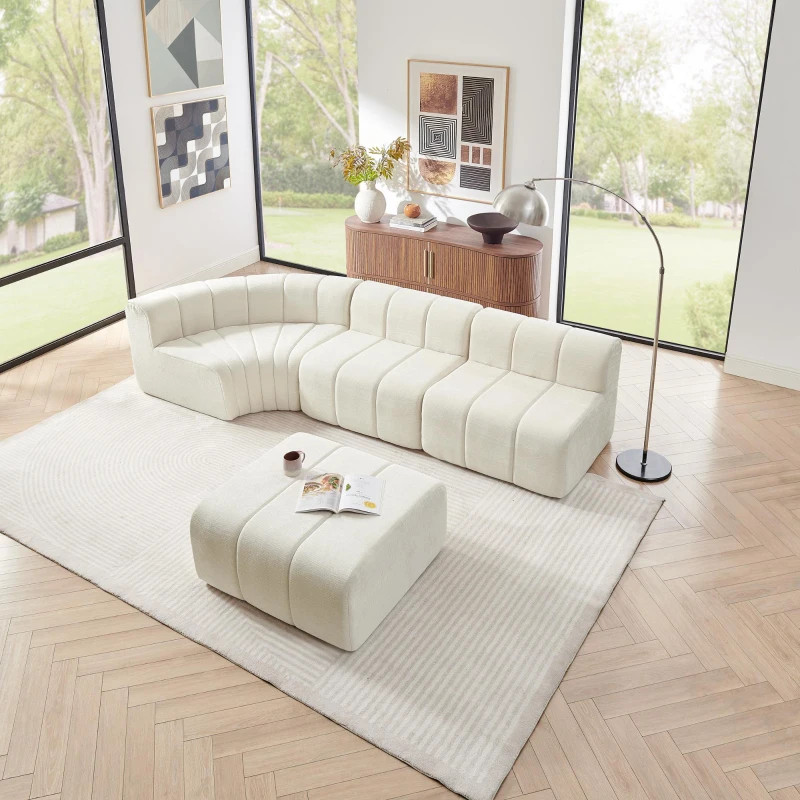 Modern Semi-Curved Sectional with Stitched Chenille and Movable Ottoman, Chic Floor Sofa with No Assembly, 116.5'' L x 76" W x 25.5" H, Beige