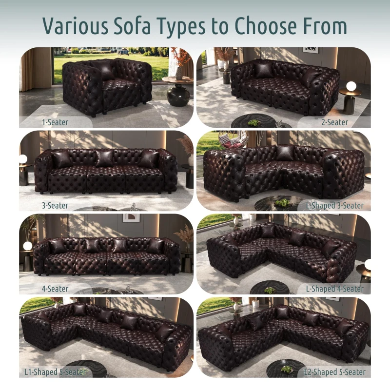Modern Faux Leather Sectional Sofa Set with Button Tufting, Modular 3-Seater Couch for Living Room, 105.5'' L x 36.5"W x 29" H, Dark Brown