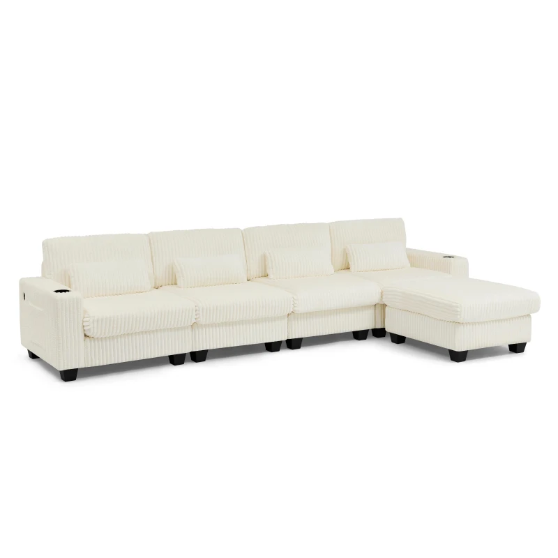 Cozy L-Shaped Sectional with Detachable Ottoman, Versatile Modular Sofa with Storage Pockets and Cup Holders, 124.5'' L x 31.5" W x 30" H, Beige