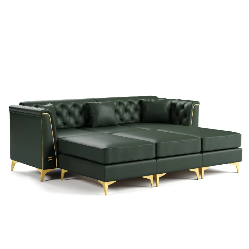 Elegant 3-Seat Chesterfield Sofa with Button Tufting, Chic Faux Leather Couch with Metal Trim and 3 Pillows, 81.5'' L x 30.5" W x 30.5" H, Green