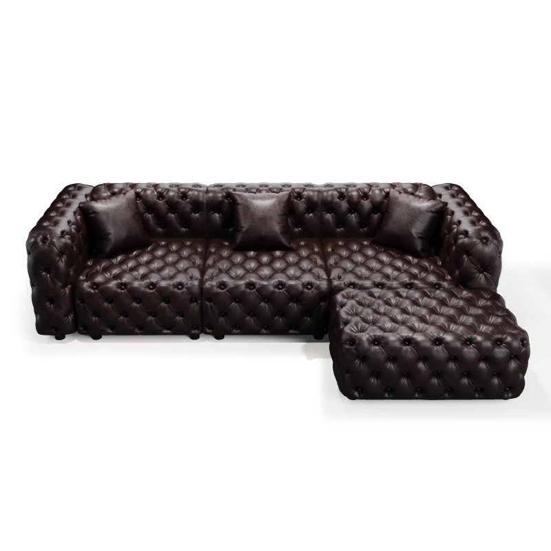 Modern Faux Leather Sectional Sofa Set with Button Tufting, Modular 3-Seater Couch for Living Room, 105.5'' L x 36.5"W x 29" H, Dark Brown