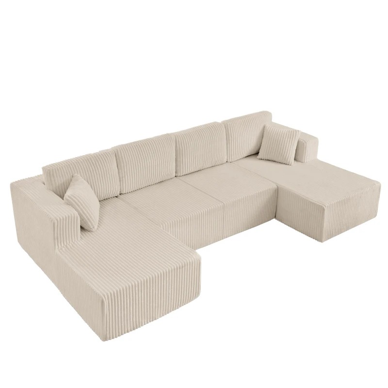 U-Shaped Modular Sectional with Plush Foam and Springs, Cozy Corduroy Sleeper Couch with No Assembly, 161'' L x 80.5" W x 24.5" H, Beige