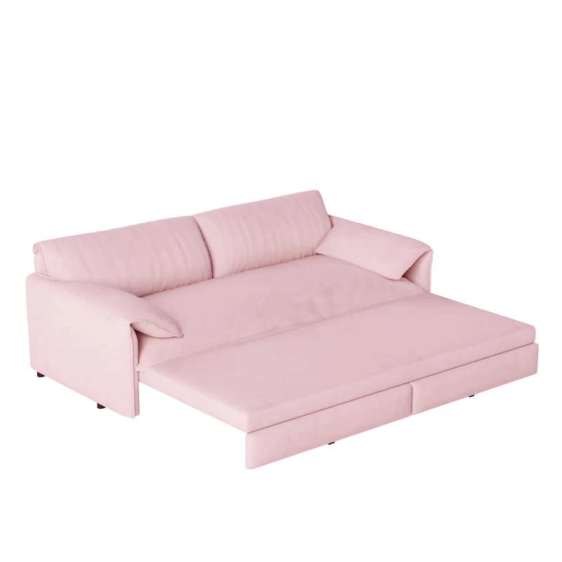 Modern 3-in-1 Convertible Sofa with Side Storage and Metal Legs, Chic Velvet Loveseat Bed with Rolling Wheels, 66'' L x 33.5" W x 36" H, Pink
