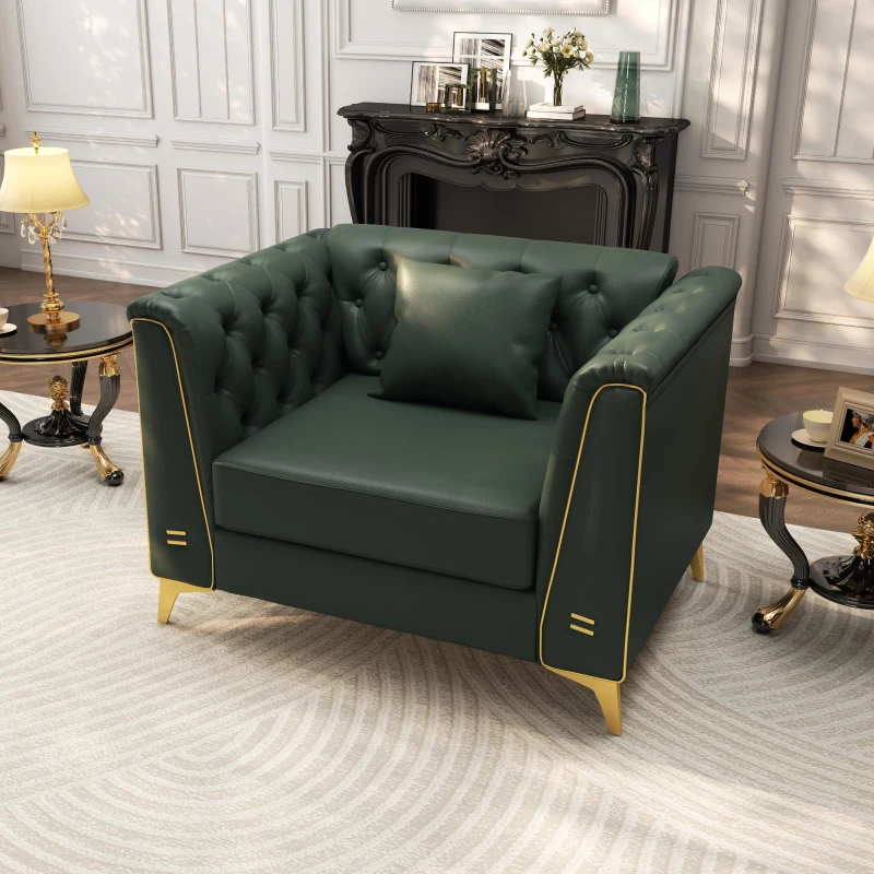 Elegant Chesterfield Armchair with Button Tufting, Chic Faux Leather Couch with Metal Trim and Pillow, 40'' L x 30.5" W x 30.5" H, Green