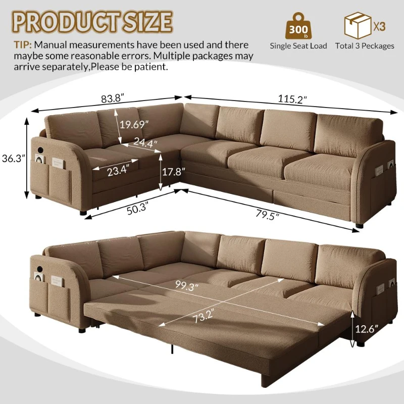 Modern L-Shaped Sectional with Pull-Out Bed, Chic Sleeper Couch with USB Port and Side Pocket, 115'' L x 83.5" W x 36.5" H, Brown