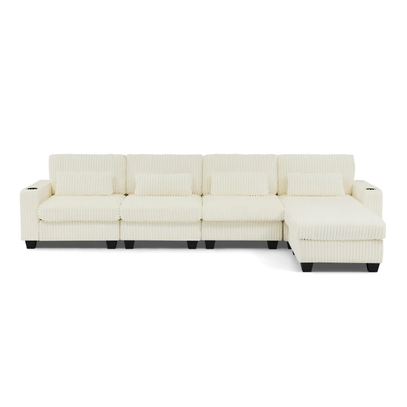 Cozy L-Shaped Sectional with Detachable Ottoman, Versatile Modular Sofa with Storage Pockets and Cup Holders, 124.5'' L x 31.5" W x 30" H, Beige