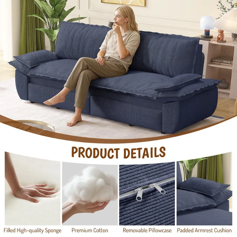 Modern Queen 3-in-1 Sleeper Sofa with Soft Corduroy Upholstery, Versatile Loveseat Bed with Pull-Out Frame, 73'' L x 33" W x 36" H, Blue