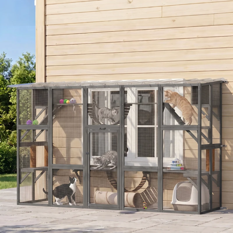 PawHut Large Outdoor Catio with Condos, Platforms, Doors, Ladders, Weather-Resistant Roof, Grey