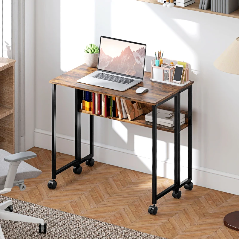 HOMCOM Folding Computer Desk, Foldable Desk with Storage Bag, Shelf and Wheels for Small Spaces, Home Office, Rustic Brown
