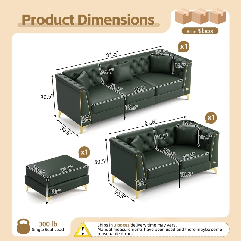 Elegant Modular Chesterfield Sofa with Button Tufting, Versatile Faux Leather Couch with 5 Pillows, 81.5'' L x 30.5" W x 30.5" H, Green