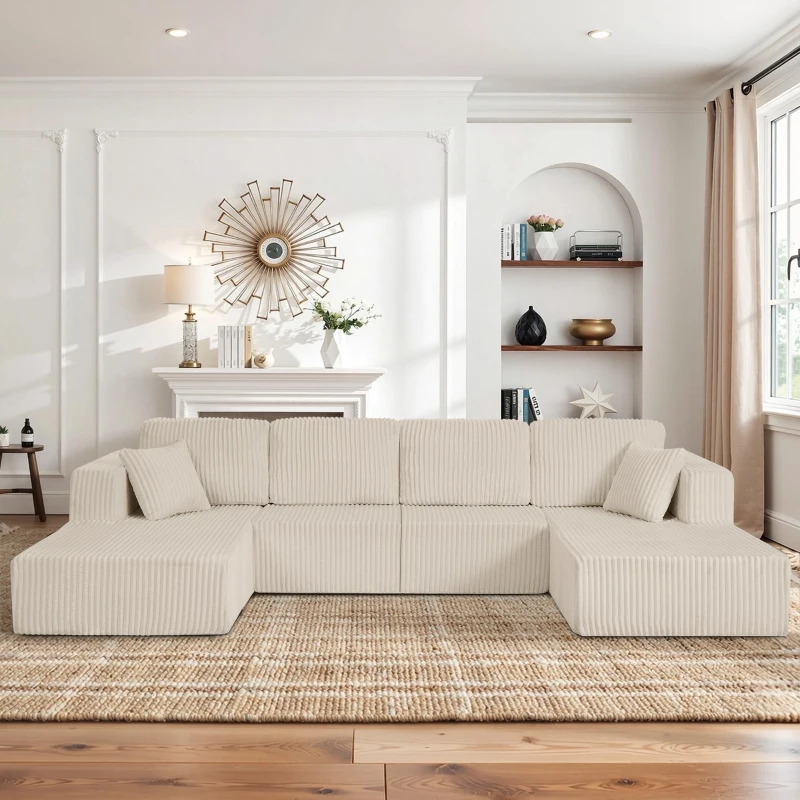 U-Shaped Modular Sectional with Plush Foam and Springs, Cozy Corduroy Sleeper Couch with No Assembly, 161'' L x 80.5" W x 24.5" H, Beige