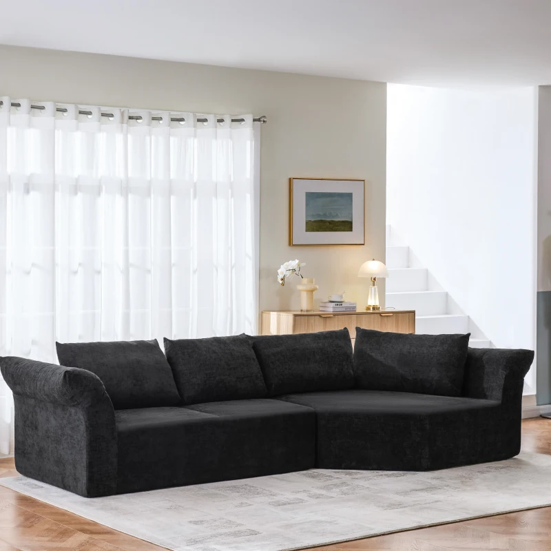 Elegant Curved Corner Sectional Sofa with Wide Armrests, Spacious L-Shaped Couch for Living Room and Bedroom, 127'' L x 57"W x 26" H, Black