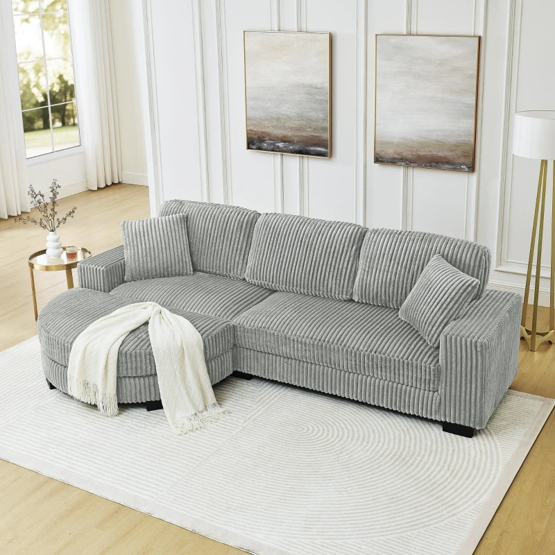 Elegant L-Shaped Modular Sleeper Sectional with Reversible Chaise, Tufted Corduroy Sofa with Arc Footstool, 110.5'' L x 57" W x 25.5" H, Grey