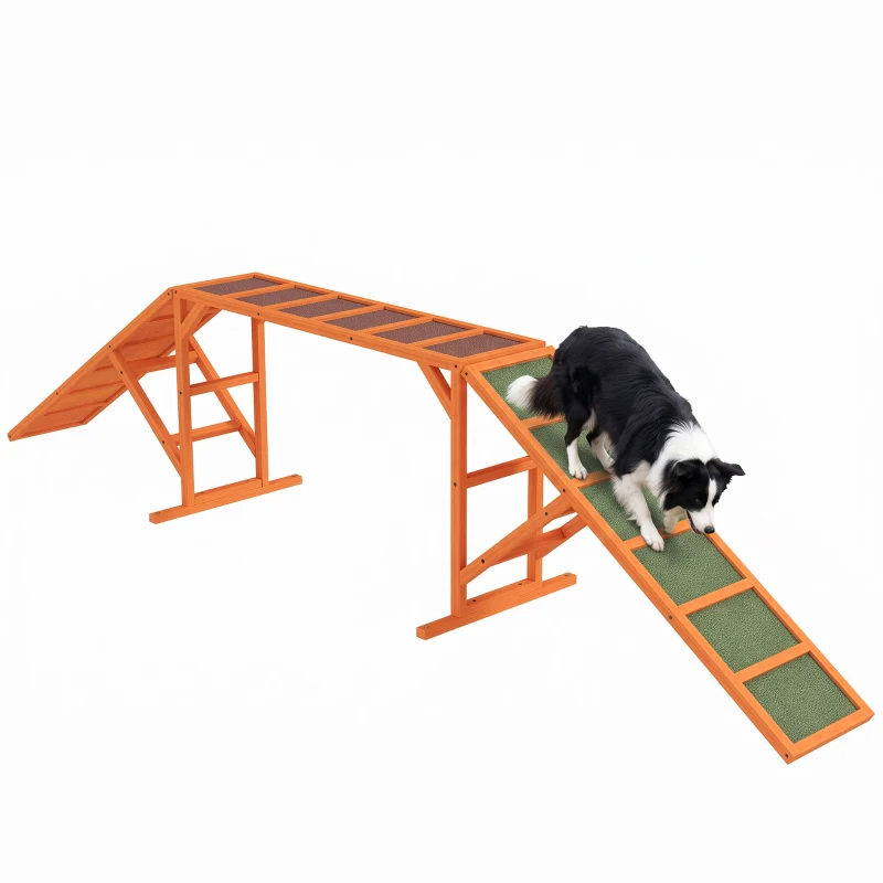 PawHut Dog Agility Ramp, Dog Walk Balance Trainer Equipment w/ Safety Bar, Non-slip Surface, Pet Training Ramp, Orange