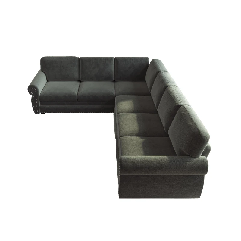 Modern L-Shaped Sectional with Pull-Out Bed, Chic Sleeper Couch with Nailhead Trim and Rolled Arms, 118'' L x 86.5" W x 36.5" H, Dark Grey