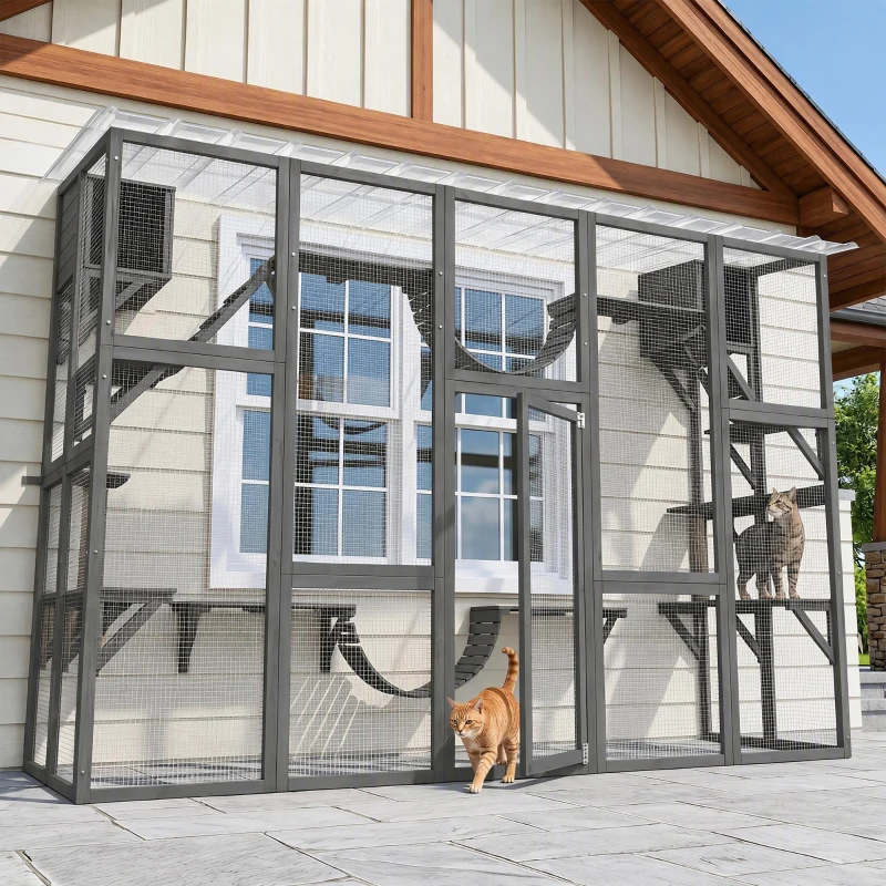 PawHut Catio Playground Cat Window Box Outside Enclosure for Multiple Cats w/ Shelves & Bridges, Gray