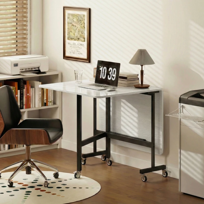 HOMCOM Drop-Leaf Table for Small Spaces, Extendable Kitchen Table with 6 Smooth Wheels & Brakes, Space-Saving Design, White