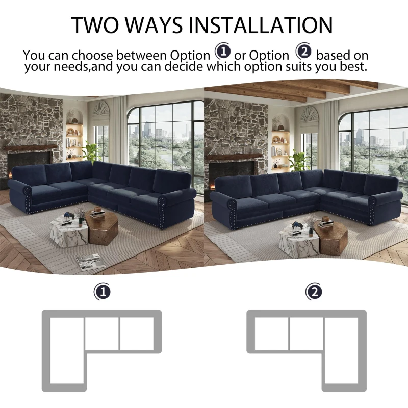 Chenille L-Shaped Sectional Sofa with Pull-Out Bed and Nailhead Trim, Convertible Sleeper Couch with Rolled Arms, 118'' L x 86.5" W x 36" H, Blue
