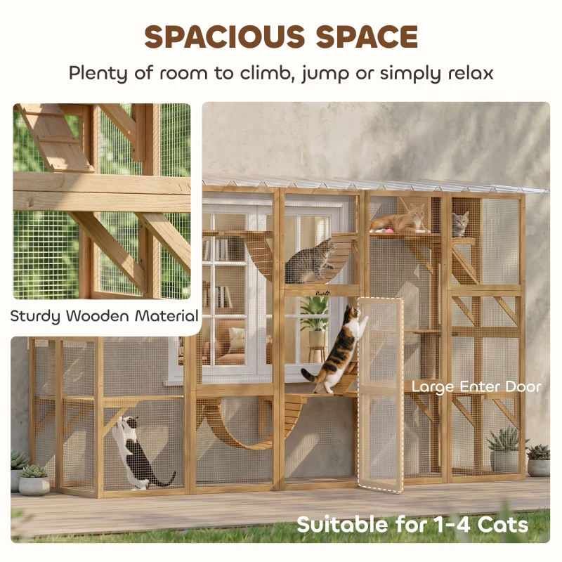PawHut Catio Playground Cat Window Box Outside Enclosure for Multiple Cats w/ Shelves & Bridges, Yellow