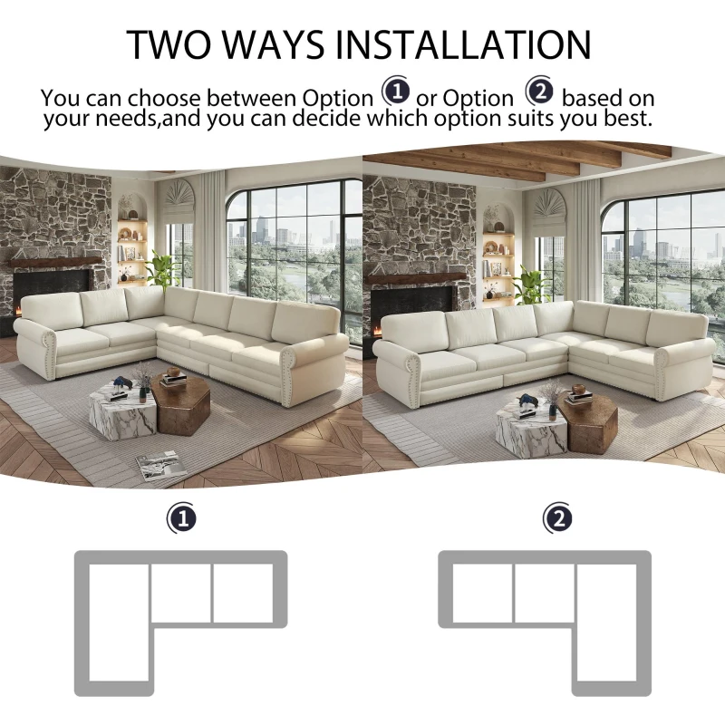 Spacious L-Shaped Sectional Sofa with Pull-Out Bed, Elegant Sleeper Couch for Living Room and Office, 118'' L x 86.5" W x 36.5" H, Beige+White
