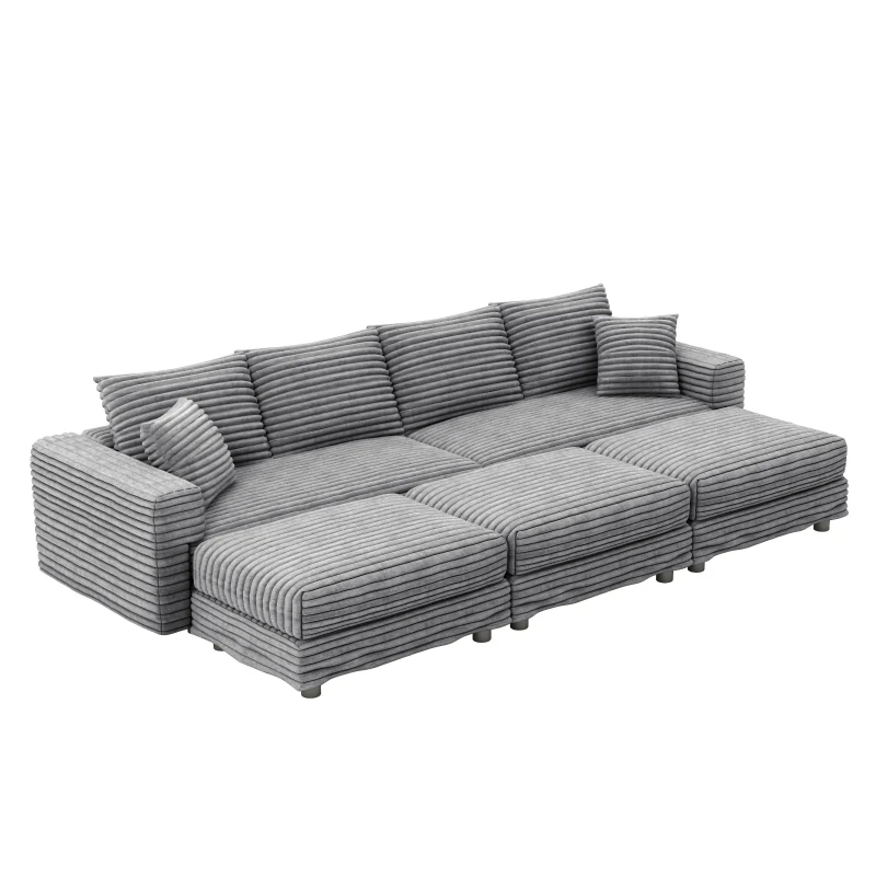 Plush Corduroy Cloud 4-Seat Sofa with 3 Ottomans, Comfy Convertible Lounge Chair for Apartment Office, 102.5'' L x 35.5"W x 25.5" H, Grey