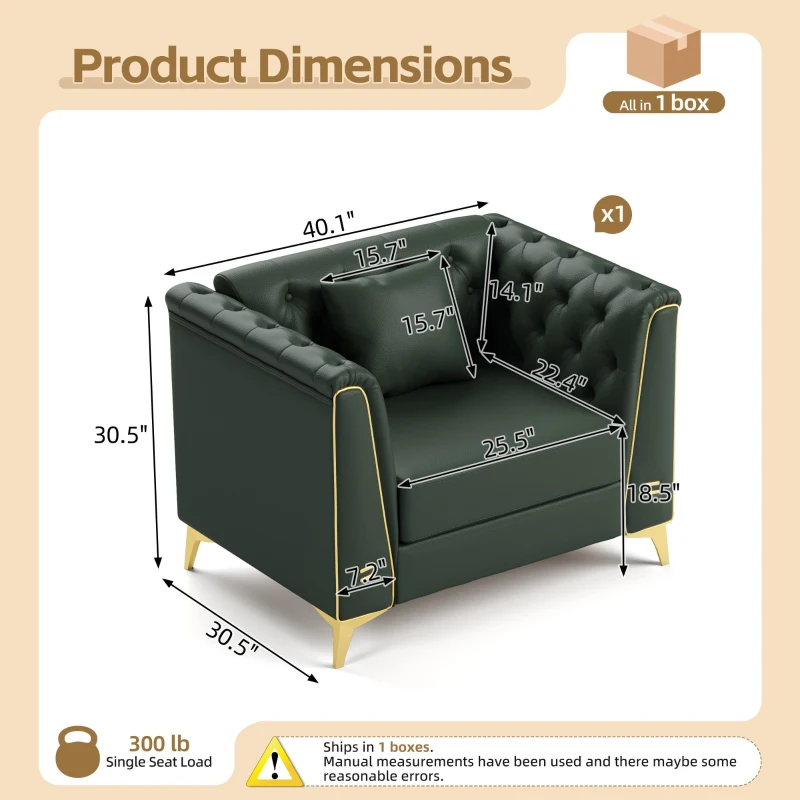Elegant Chesterfield Armchair with Button Tufting, Chic Faux Leather Couch with Metal Trim and Pillow, 40'' L x 30.5" W x 30.5" H, Green
