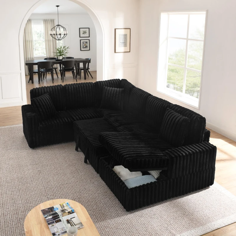 Modern U-Shaped Sectional with Pull-Out Bed and Storage Chaise, Corduroy Sofa with Adjustable Backrests, 114'' L x 90" W x 37" H, Black