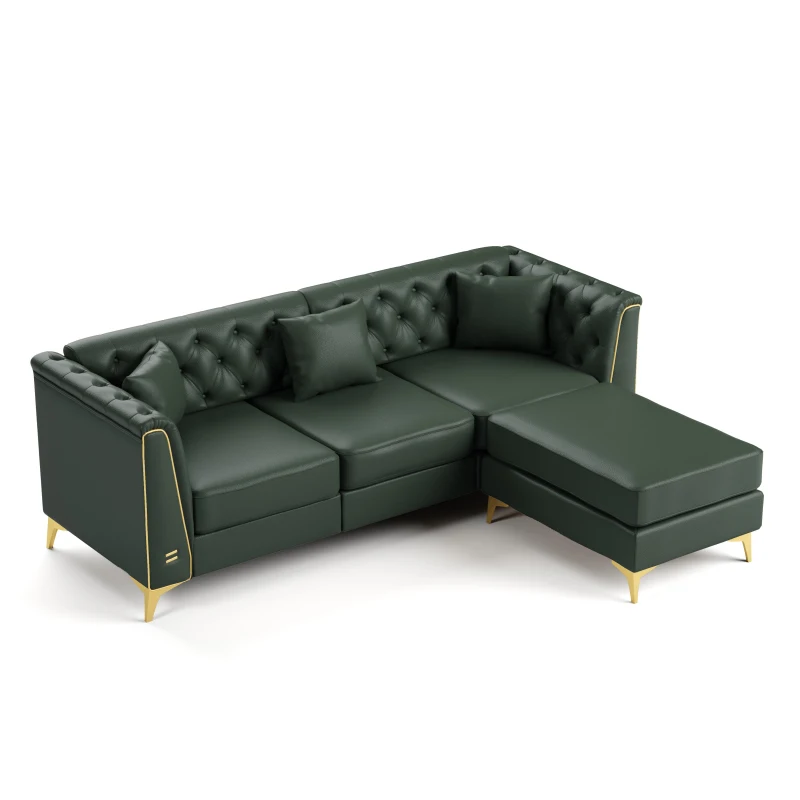 Elegant 3-Seater Chesterfield Sofa with Button Tufting, Chic Faux Leather Couch with 3 Pillows and Ottoman, 81.5'' L x 30.5" W x 30.5" H, Green