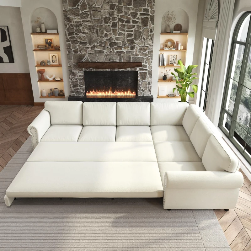 Spacious L-Shaped Sectional Sofa with Pull-Out Bed, Elegant Sleeper Couch for Living Room and Office, 118'' L x 86.5" W x 36.5" H, Beige+White