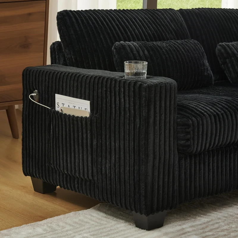 Versatile Corduroy Modular Sectional Sofa with Detachable Footrest, Modern L-Shaped Couch for Living Room, 124.5'' L x 31.5"W x 30" H, Black
