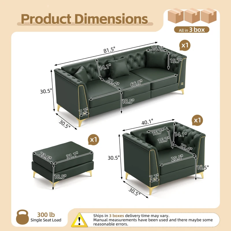 Elegant Chesterfield Sofa Set with Button Tufting, Chic Faux Leather Couch with 4 Pillows and Ottoman, 81.5'' L x 30.5" W x 30.5" H, Green