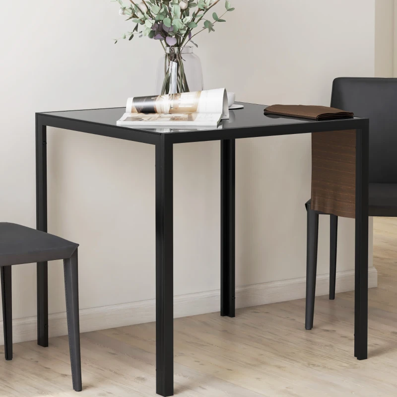 HOMCOM Square Kitchen Table for 2-4 People, Dining Table with Glass Top and Steel Legs for Dining Room, Black