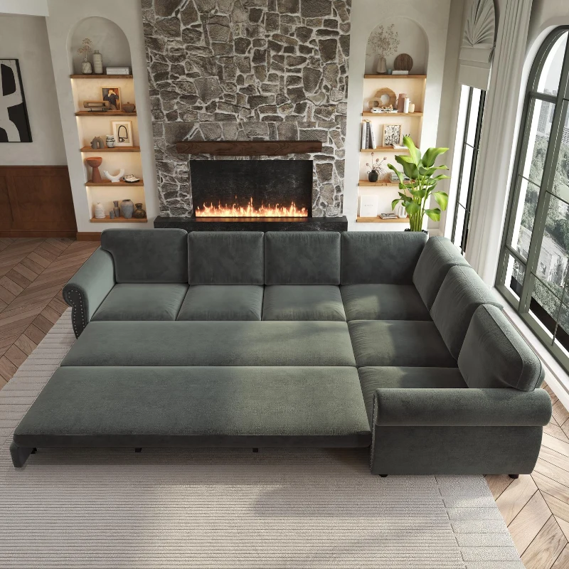 Modern L-Shaped Sectional with Pull-Out Bed, Chic Sleeper Couch with Nailhead Trim and Rolled Arms, 118'' L x 86.5" W x 36.5" H, Dark Grey