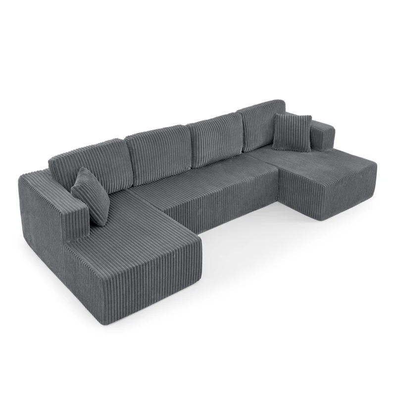 Cozy U-Shaped Sectional with Skin-Friendly Corduroy and Foam, Space-Saving Sleeper Sofa with No Assembly, 132.5'' L x 61" W x 25.5" H, Gray