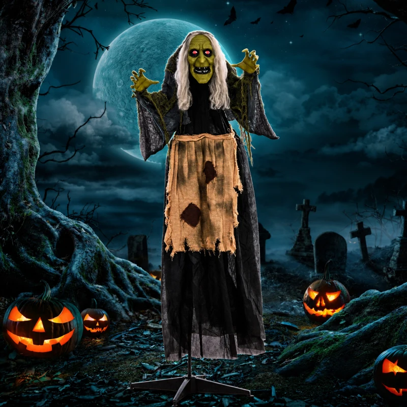 Outsunny Witch Halloween Animatronic Halloween Animatronic with Sound Activated, Light Up Eyes
