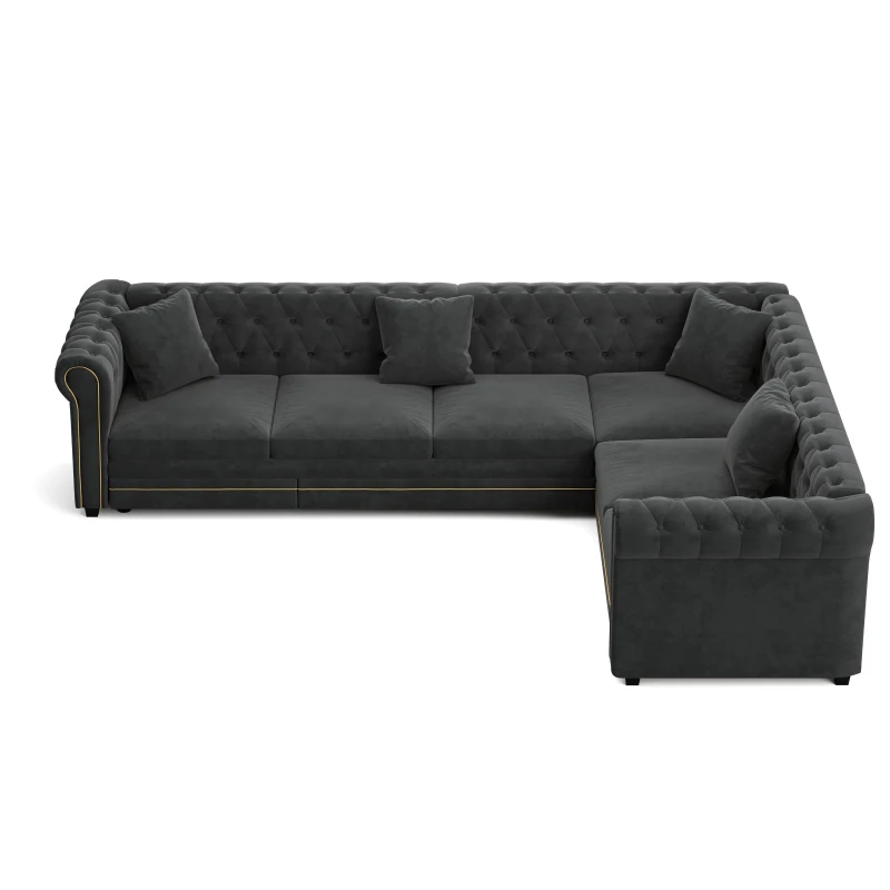 Elegant L-Shaped Sectional with Pull-Out Bed, Soft Velvet Sleeper Sofa with Tufting and Gold Trim, 115.5'' L x 87.5" W x 29" H, Dark Gray