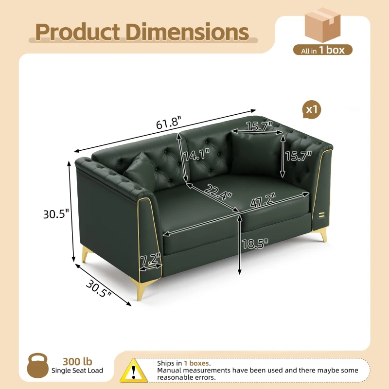 Elegant Chesterfield Sofa with Button Tufting, Chic Faux Leather Couch with Tapered Legs and 2 Pillows, 61.5'' L x 30.5" W x 30.5" H, Green