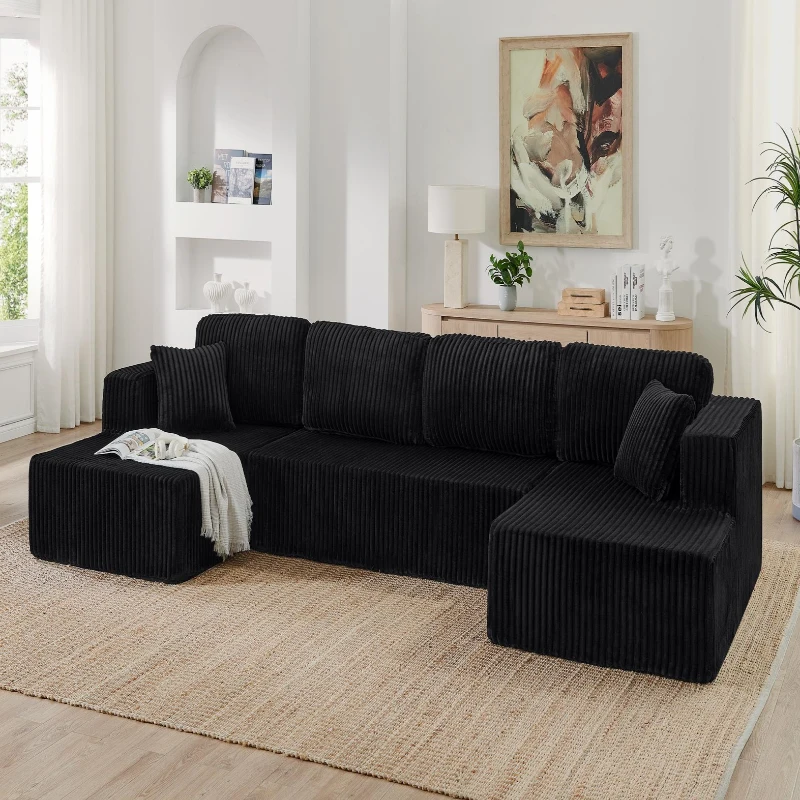Versatile U-Shaped Modular Sectional Sofa with Spring Cushions, Comfy Sleeper Couch for Living Room Bedroom, 132.5'' L x 61"W x 25.5" H, Black