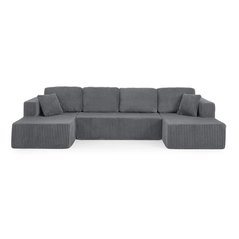 Cozy U-Shaped Sectional with Skin-Friendly Corduroy and Foam, Space-Saving Sleeper Sofa with No Assembly, 132.5'' L x 61" W x 25.5" H, Gray