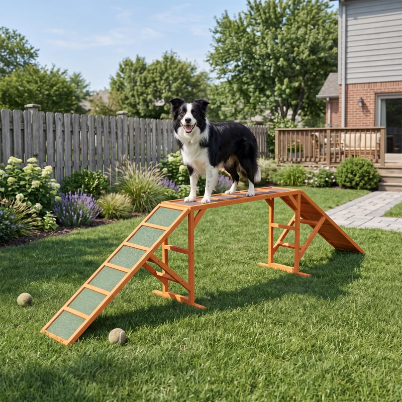 PawHut Dog Agility Ramp, Dog Walk Balance Trainer Equipment w/ Safety Bar, Non-slip Surface, Pet Training Ramp, Orange