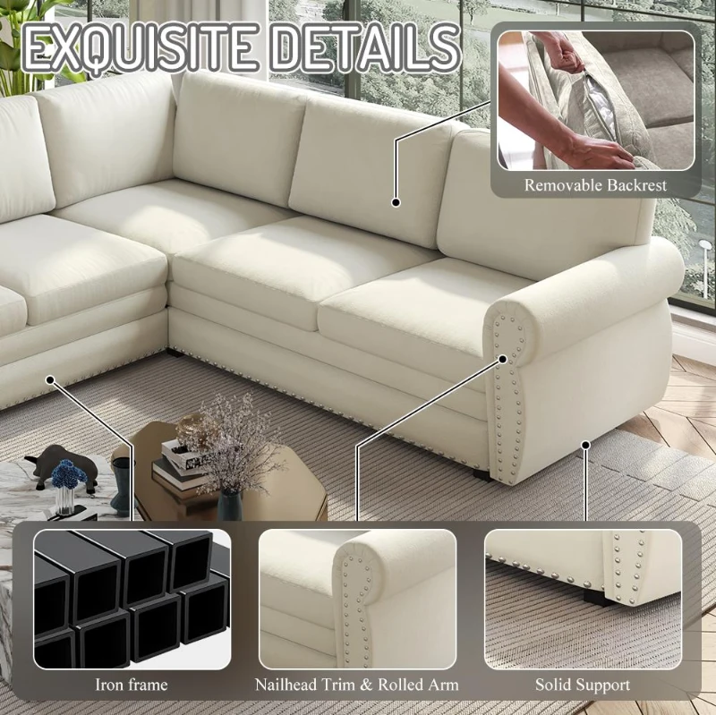 Spacious L-Shaped Sectional Sofa with Pull-Out Bed, Elegant Sleeper Couch for Living Room and Office, 118'' L x 86.5" W x 36.5" H, Beige+White