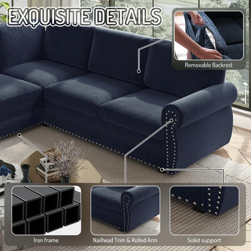 Chenille L-Shaped Sectional Sofa with Pull-Out Bed and Nailhead Trim, Convertible Sleeper Couch with Rolled Arms, 118'' L x 86.5" W x 36" H, Blue