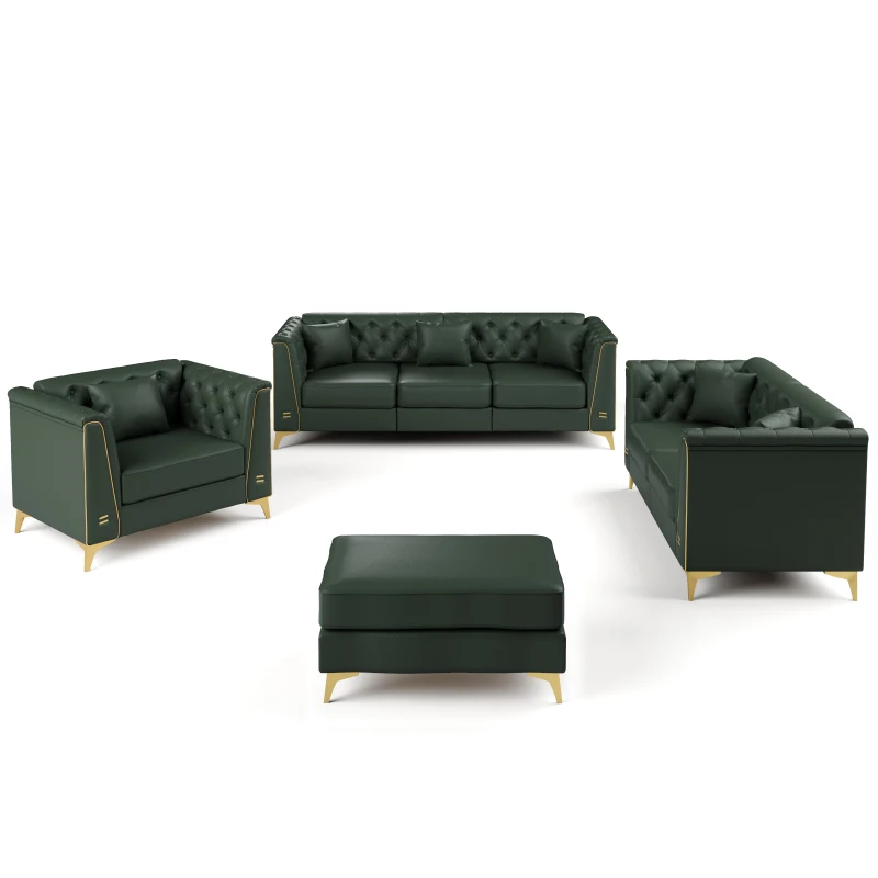 Elegant Modular Chesterfield Sofa Set with Button Tufting, Chic Faux Leather Couch with 6 Pillows, 81.5'' L x 30.5" W x 30.5" H, Green