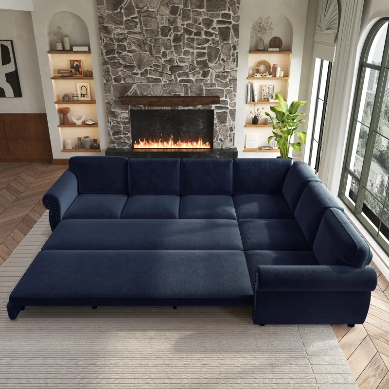 Chenille L-Shaped Sectional Sofa with Pull-Out Bed and Nailhead Trim, Convertible Sleeper Couch with Rolled Arms, 118'' L x 86.5" W x 36" H, Blue