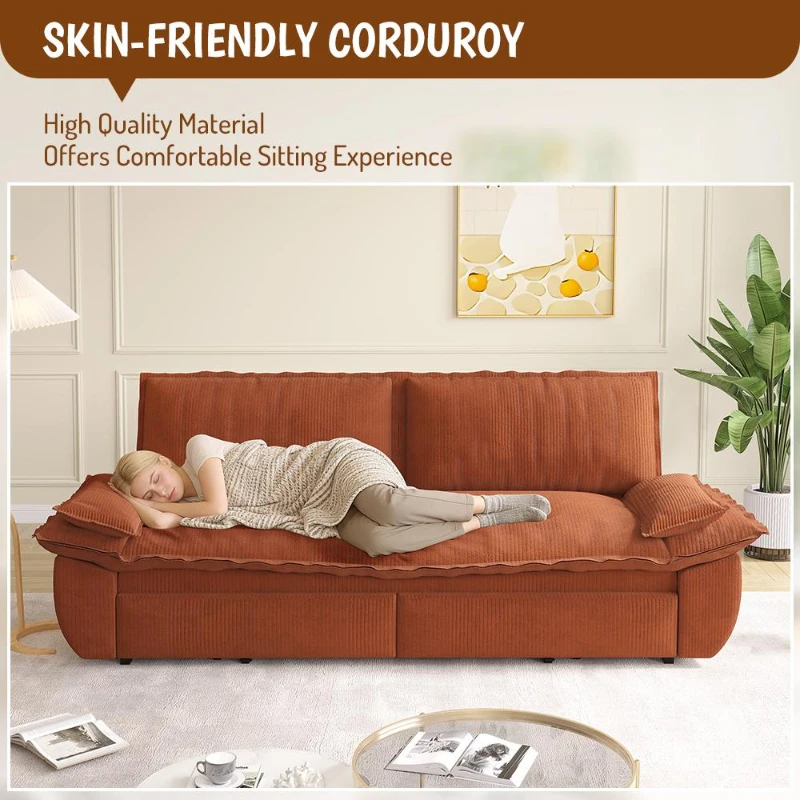 Modern 3-in-1 Sleeper Sofa with Soft Corduroy Upholstery, Versatile Loveseat Bed for Living Room and Bedroom, 73'' L x 33" W x 36" H, Orange