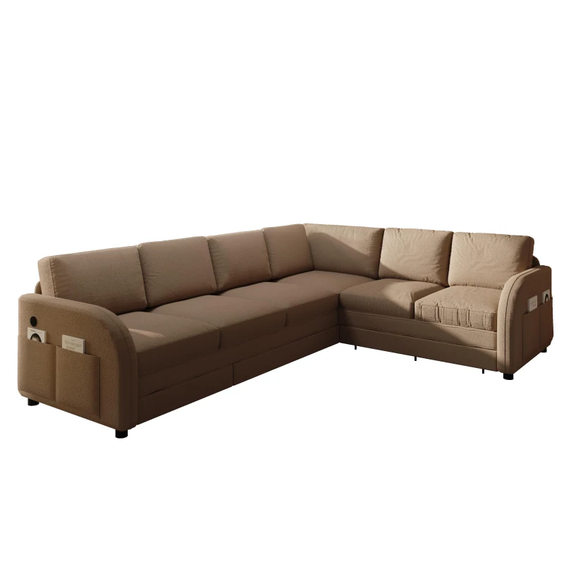 Modern L-Shaped Sectional with Pull-Out Bed, Chic Sleeper Couch with USB Port and Side Pocket, 115'' L x 83.5" W x 36.5" H, Brown